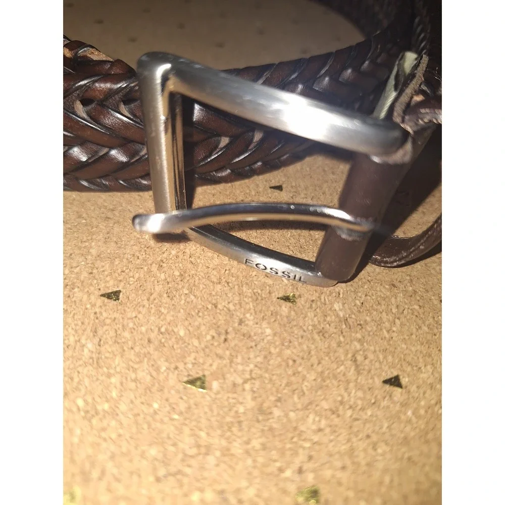 Fossil Mens Braided Brown Genuine Leather Belt‎ Silver Buckle Size 44 MB1160222
